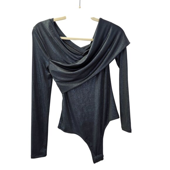 NWT BCBGMaxAzria Blue Metallic Drape Neck Bodysuit Size Small - Picture 1 of 7